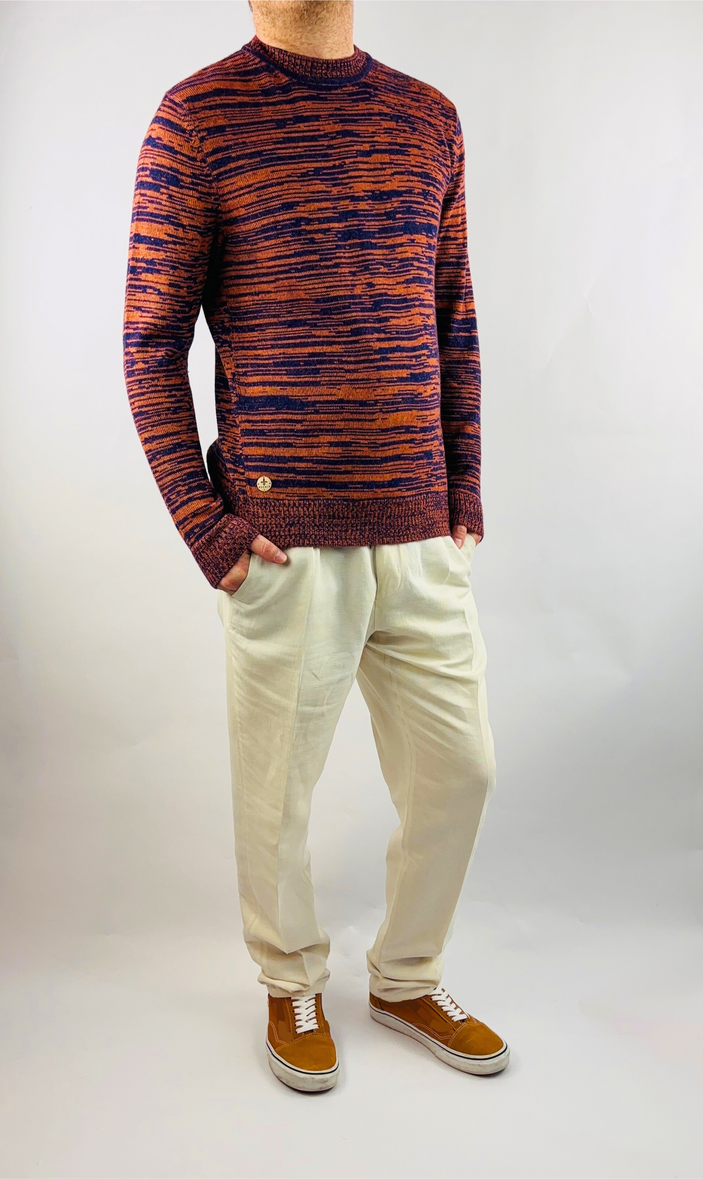 Pullover Slim Fit in Orange/Lila Rundhalsausschnitt